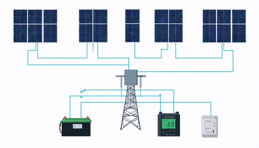 Technical illustration of decentralized solar energy system components and their interconnections
