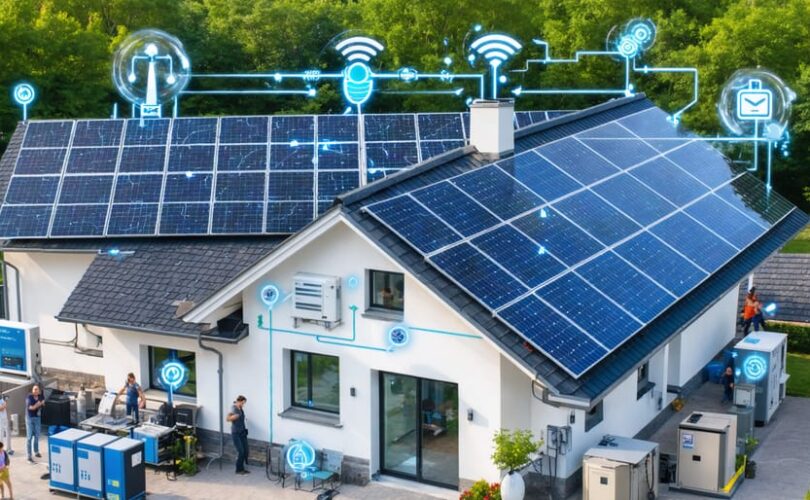 Illustration of a decentralized solar energy network showing solar panels, batteries, and smart grid components connecting a vibrant community, symbolizing energy independence and cooperative involvement.