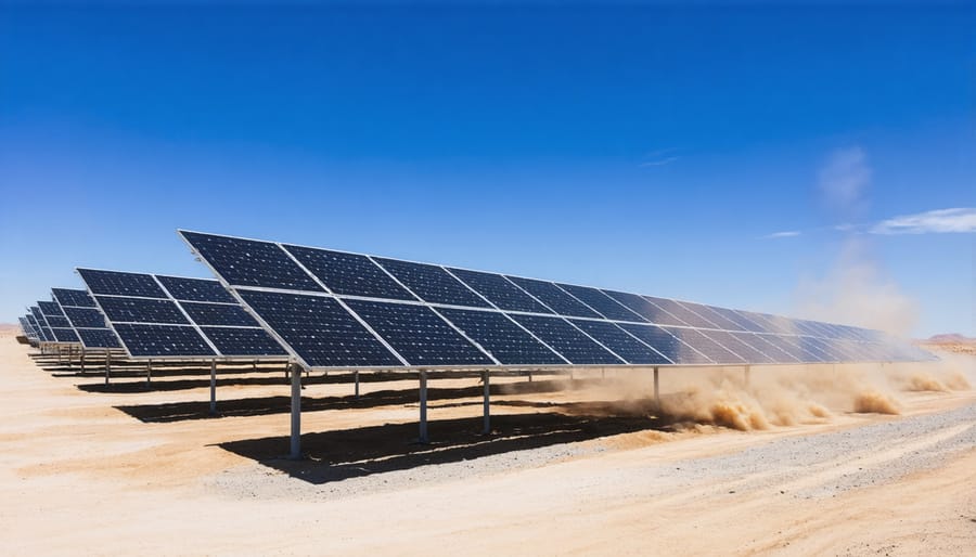 Desert solar farm with dusty solar panels demonstrating environmental challenges