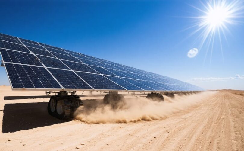 A desert solar farm with robotic cleaning systems removing dust from solar panels, illustrating adaptations for extreme temperatures and dusty conditions.