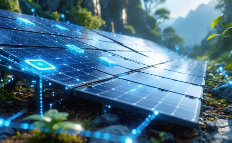 Futuristic visualization of solar panels integrated with digital networks, highlighting IoT sensors, blockchain technology, and AI data streams to symbolize the advanced digital transformation in solar panel recycling.