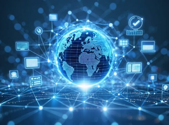Conceptual image of a globe with digital networks and solar panel icons, representing global solar technology connectivity and innovation.