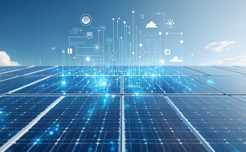 Conceptual illustration of modern solar panels integrated with digital technology elements, including circuit patterns, data streams, and digital graphs, symbolizing the innovation in solar photovoltaic systems through AI, IoT, and blockchain.