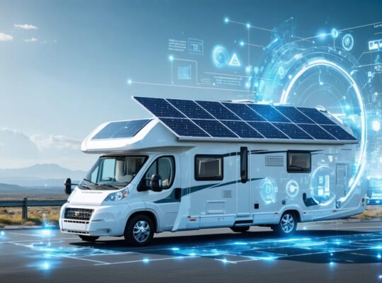 Conceptual illustration of an RV solar setup with digital twin technology, showcasing solar panels, data streams, and analytical insights for performance optimization.