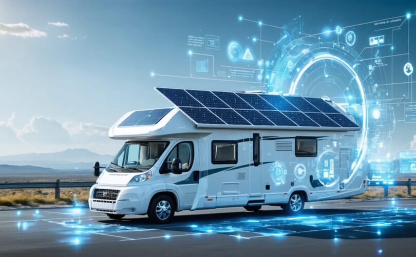 Conceptual illustration of an RV solar setup with digital twin technology, showcasing solar panels, data streams, and analytical insights for performance optimization.