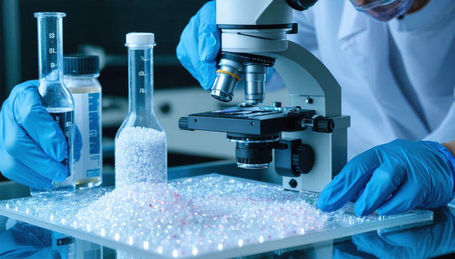 Researcher analyzing innovative non-toxic solar panel materials in laboratory setting