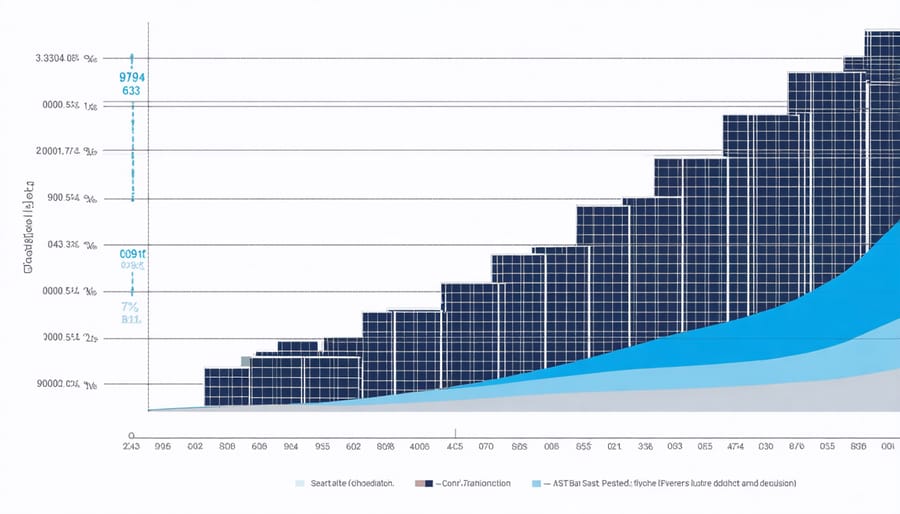 Line graph depicting the relationship between solar panel efficiency gains and price decreases from 2014 to 2024