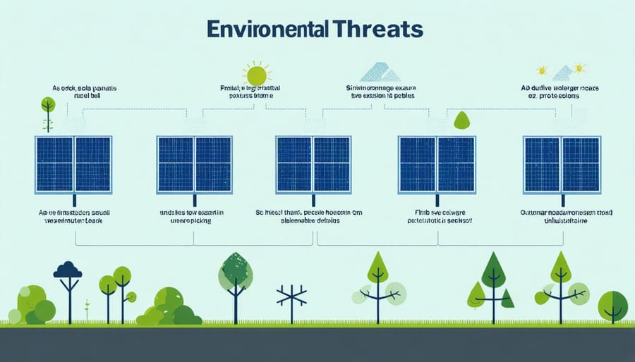 Diagram illustrating various weather threats and corresponding protection systems for solar panels
