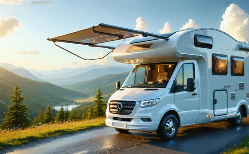 An RV equipped with flexible solar panels parked in a scenic landscape, showcasing the integration of solar technology with nature.