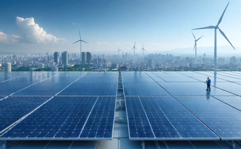 Artistic rendering of a futuristic cityscape with diverse buildings showcasing advanced solar panel installations, symbolizing nationwide adoption of solar energy with a backdrop of wind turbines and clear skies.