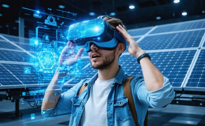 "A trainee wearing a virtual reality headset interacts with simulated solar panel installations and advanced digital interfaces, highlighting modern photovoltaic training techniques."