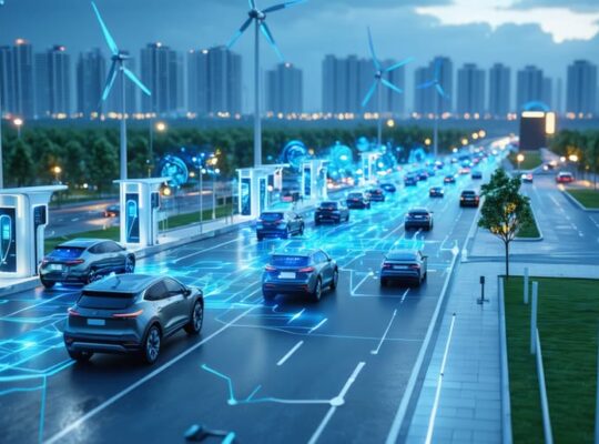 Conceptual illustration of a futuristic city where electric vehicles are integrated with a smart power grid, showcasing solar panels, wind turbines, and digital energy flow between vehicles and the grid.