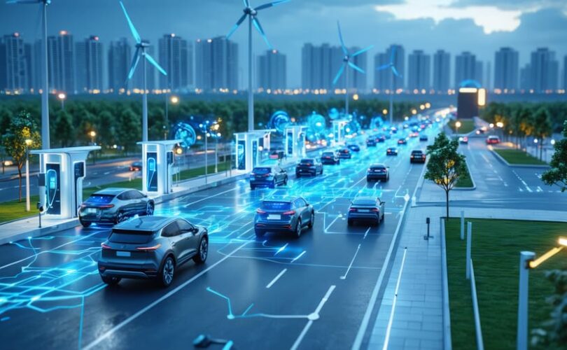 Conceptual illustration of a futuristic city where electric vehicles are integrated with a smart power grid, showcasing solar panels, wind turbines, and digital energy flow between vehicles and the grid.