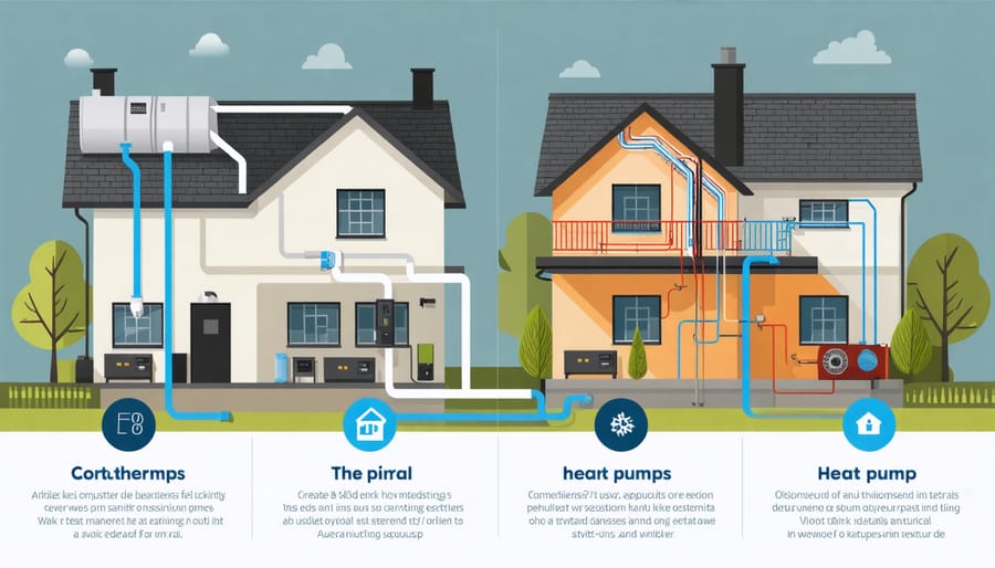 Cross-section diagram of geothermal heat pump system for home heating and cooling