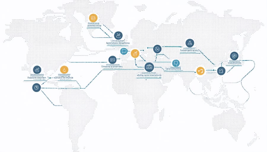 Global map visualization of interconnected solar innovation hubs with digital network connections
