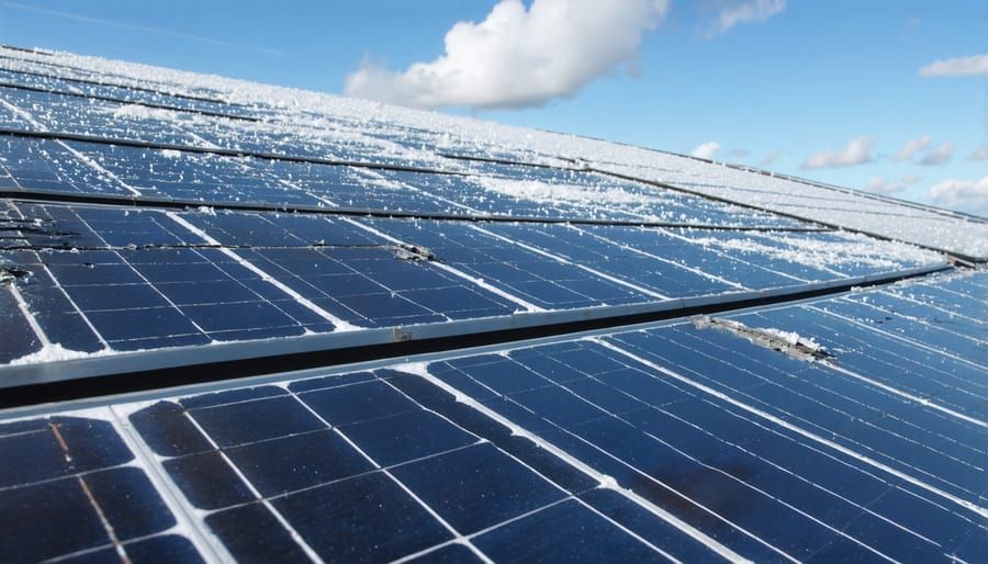 Side-by-side comparison of damaged vs impact-resistant solar panels after hailstorm