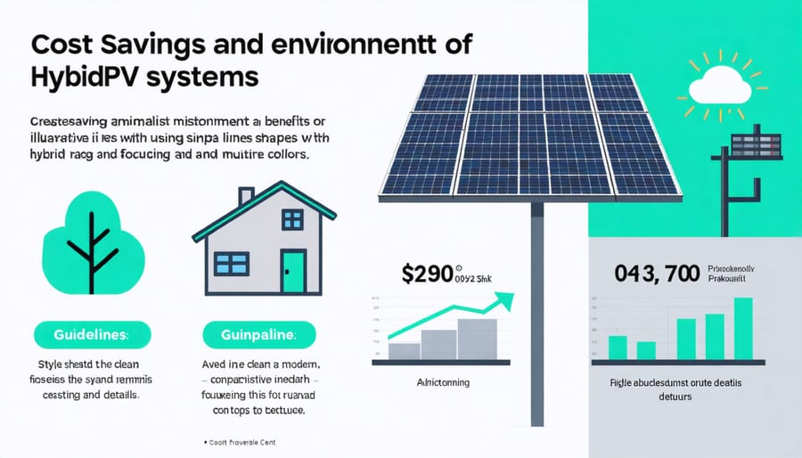 Visual representation of hybrid PV system benefits including cost savings and environmental impact metrics