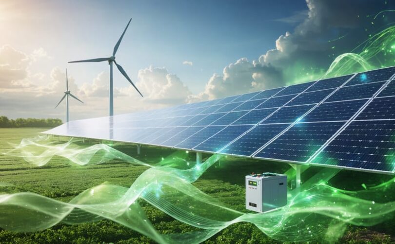 Conceptual illustration of a hybrid photovoltaic system with solar panels, a wind turbine, and battery storage, representing the integration of renewable and conventional energy sources for efficient power generation.