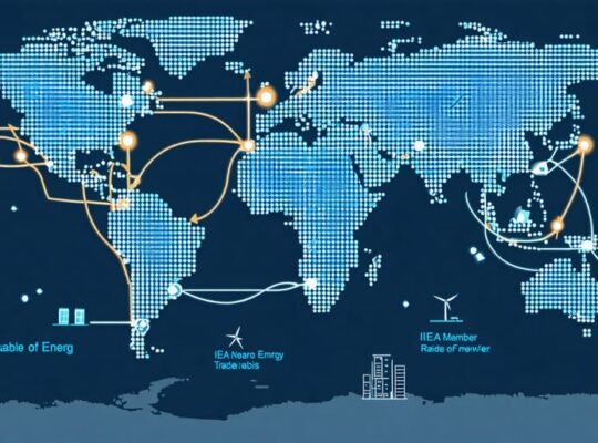 Conceptual world map showcasing international renewable energy trade flows with highlighted IEA member nations and icons representing solar and wind energy components.