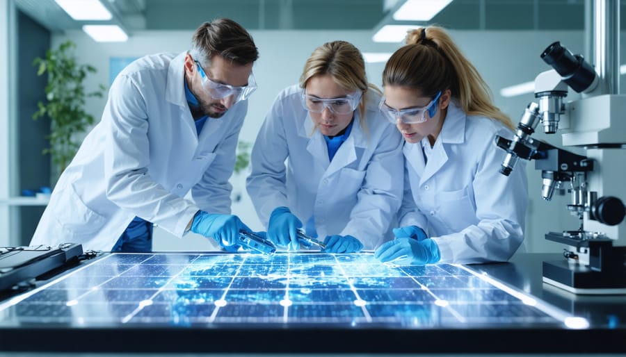 Diverse group of scientists working together on solar panel testing equipment