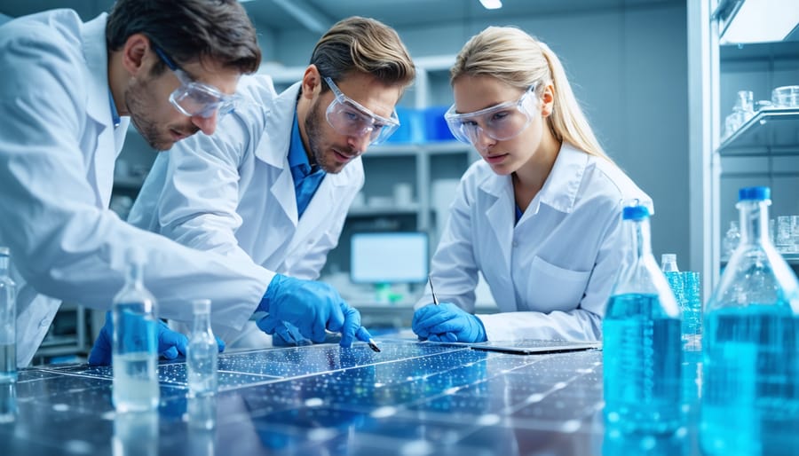 International team of researchers examining solar cell technology in a modern laboratory setting