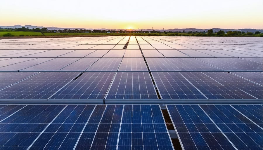 Aerial view of an extensive solar panel installation with dramatic sunset lighting