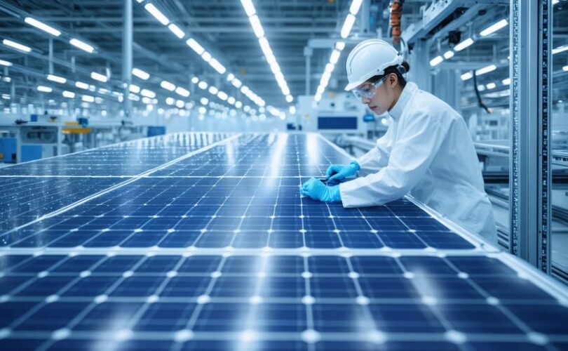 Technician in a cleanroom carefully managing advanced solar manufacturing processes with silicon wafers and automated machinery, depicting the integration of education and industry in solar technology.