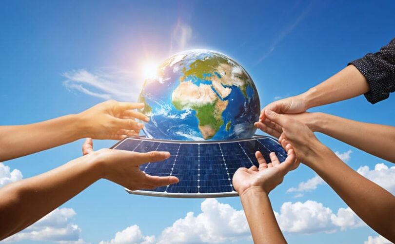Globe encased in a solar panel surrounded by interlinked hands of diverse nationalities, symbolizing international cooperation in solar energy.