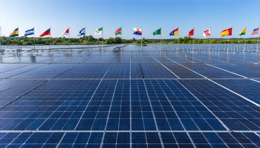 Large solar panel array surrounded by flags of multiple nations showing international collaboration
