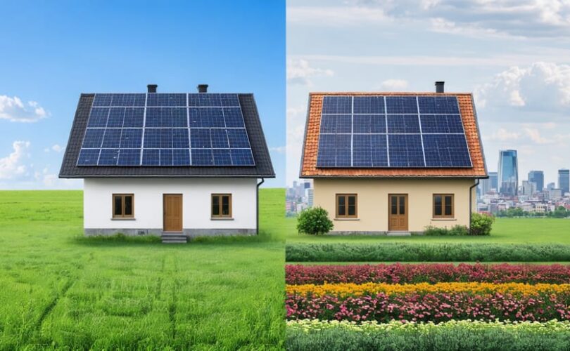 Split image of a house with solar panels in a rural setting on the left and an urban setting on the right, symbolizing the differing legal requirements for off-grid solar installations in varying environments.