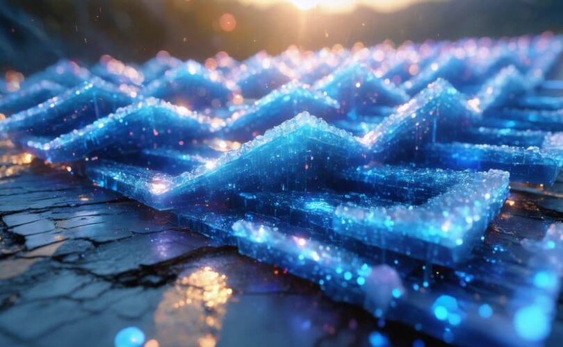 Conceptual illustration of atomic zigzag pattern of z-crystals enhancing electron transport in a solar cell, signifying advancements in solar energy efficiency.