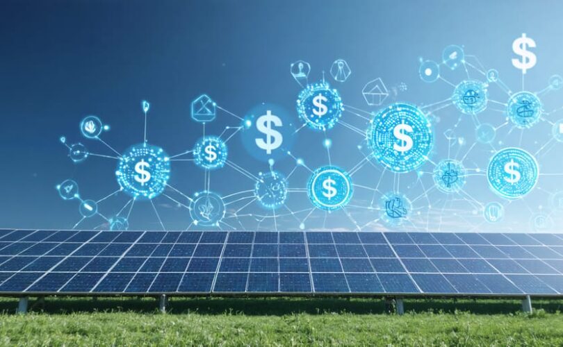 Conceptual artwork showing interconnected nodes with solar panels and dollar signs, symbolizing the impact of peer-to-peer networks on solar project financing.