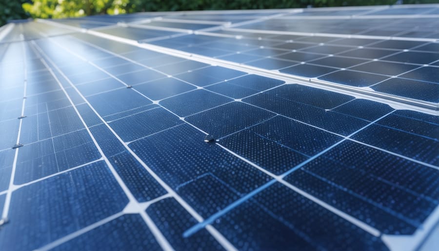 Detailed view of a modern bifacial solar panel showing crystalline structure