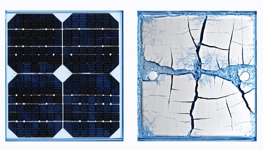 Microscopic view comparing new and degraded photovoltaic cell surfaces