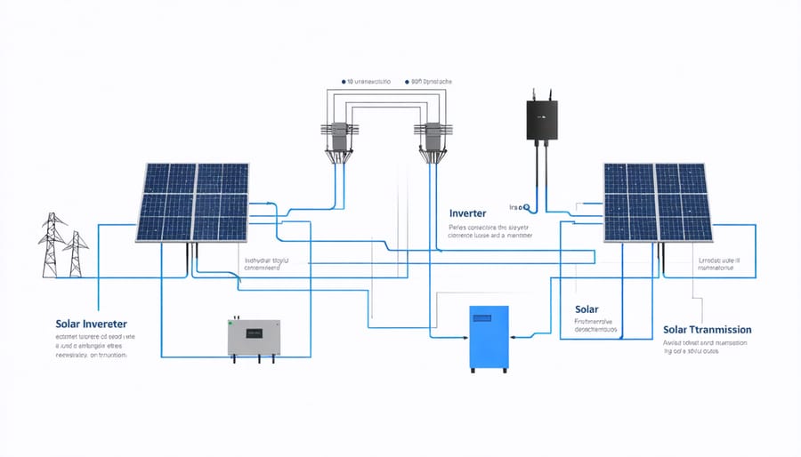 Technical illustration of PV system components including panels, inverters, and power lines