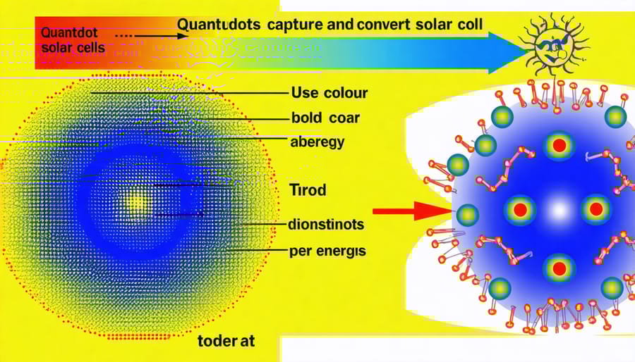 Side-by-side comparison diagram of quantum dot vs traditional solar cell energy conversion process