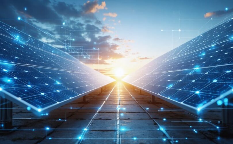 Conceptual depiction of real-time monitoring in solar PV systems using digital grids and streams of light to symbolize data flow, against a backdrop of solar panels under a rising sun.