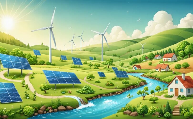 Illustration depicting various renewable energy sources including solar panels, wind turbines, micro-hydro systems, biomass, and geothermal heat pumps, set within diverse global landscapes to signify wide accessibility and community-scale implementation.