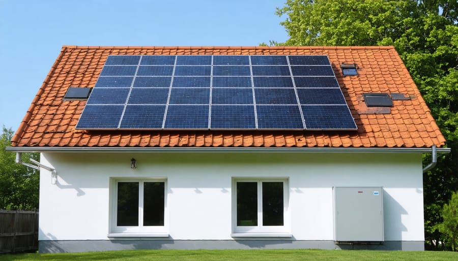 Installed hybrid solar system with rooftop panels and battery storage unit