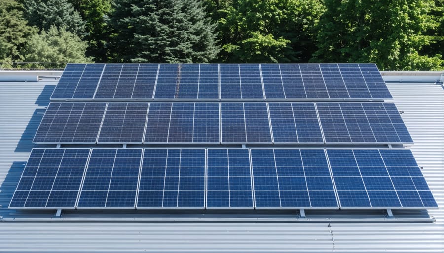 Large solar array installed on school roof with students and volunteers celebrating below