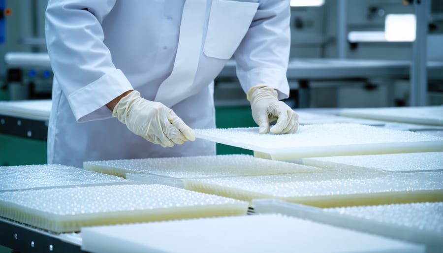 Technician in clean room suit handling silicon wafers for solar cell production