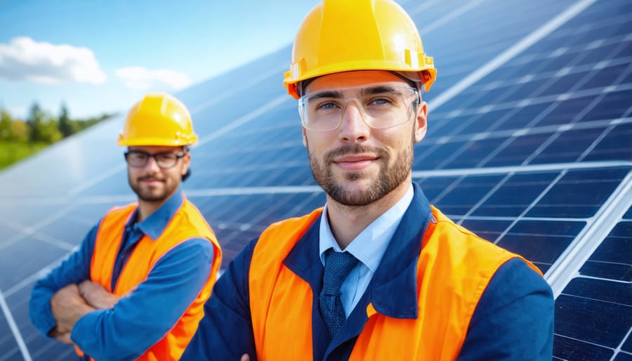 Young professionals installing solar panels on commercial building roof