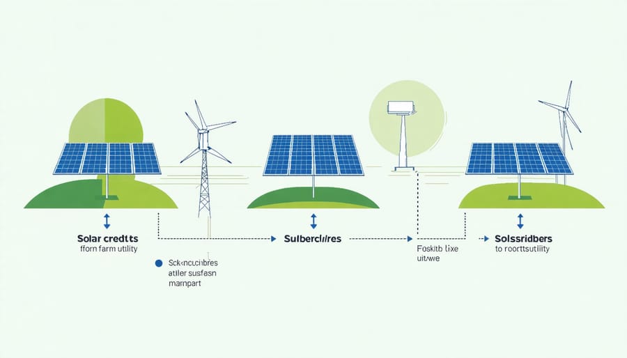 Diagram illustrating the flow of solar energy credits from community solar project to household bills