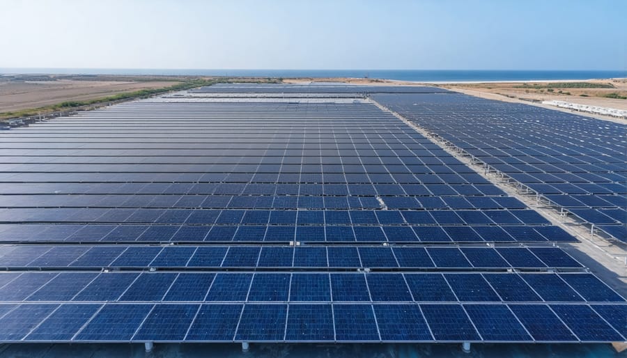 Bird's eye view of solar panel arrays adjacent to desalination infrastructure near coastline