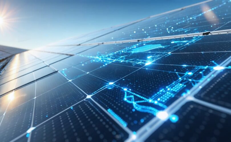 Futuristic solar panels with embedded computing technology showing digital data flow and optimization algorithms in a sunny environment.