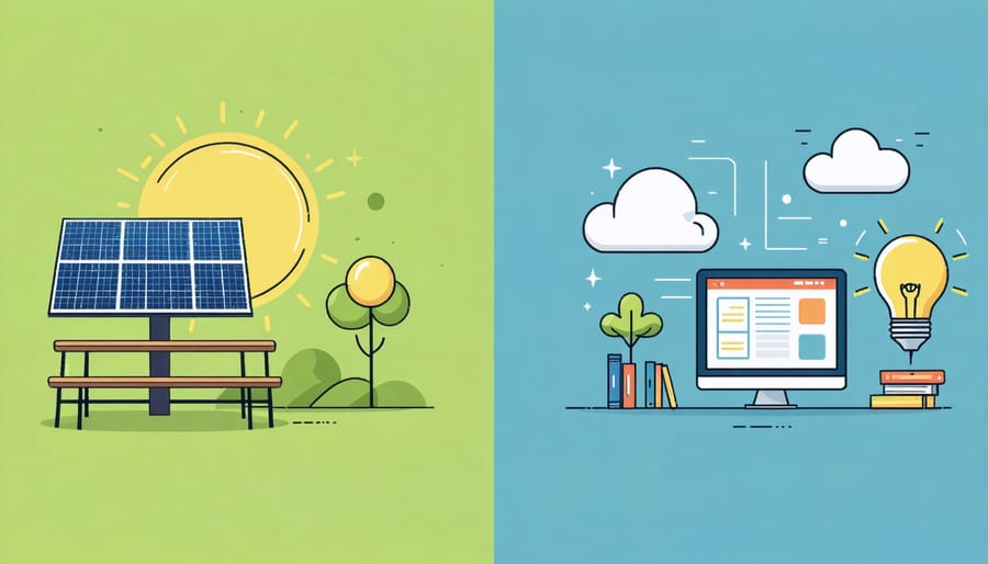 Side-by-side comparison of traditional solar training classroom and modern online learning platform