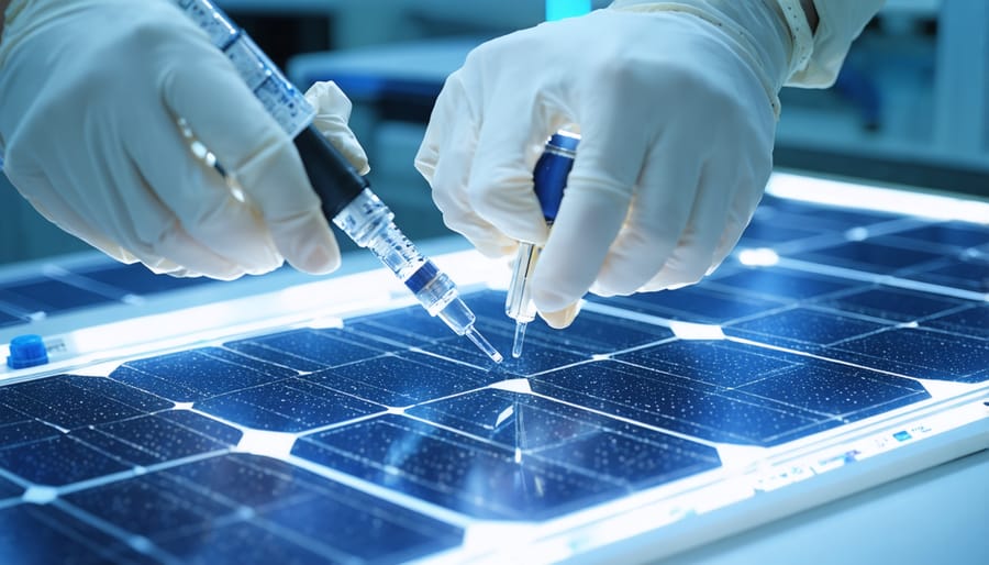 Scientists in lab coats examining experimental solar cell materials under specialized equipment
