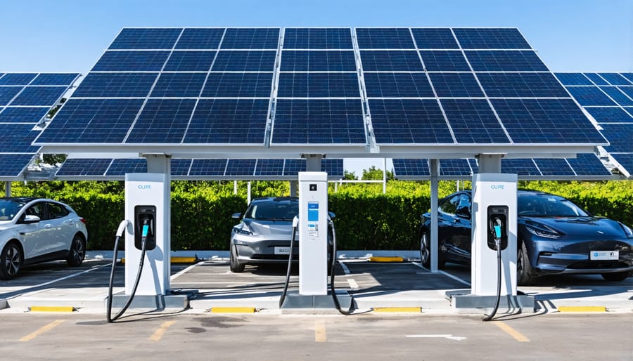 Solar-powered EV charging station with multiple vehicles charging under solar canopy