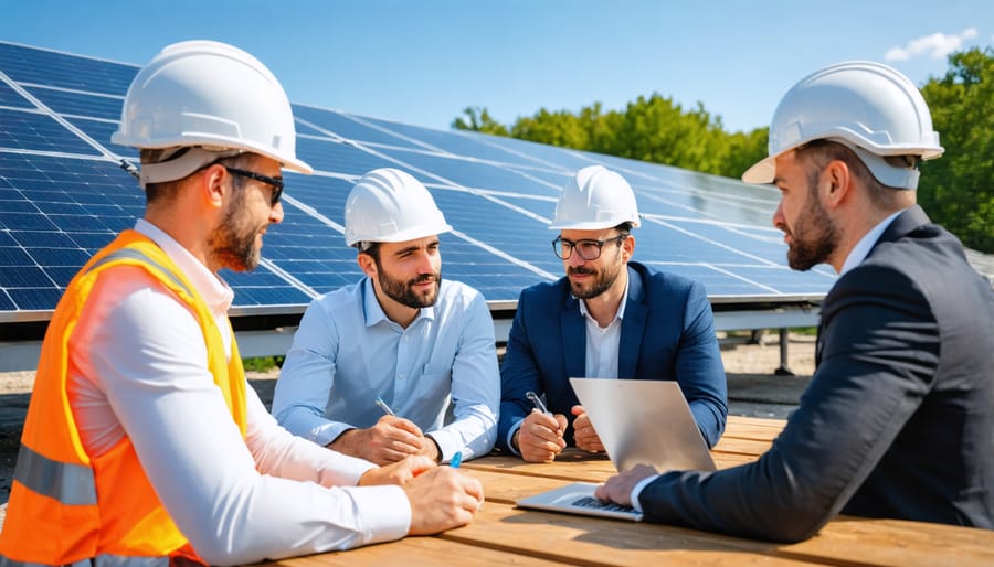 Solar industry professionals and local government officials discussing project plans at solar installation site