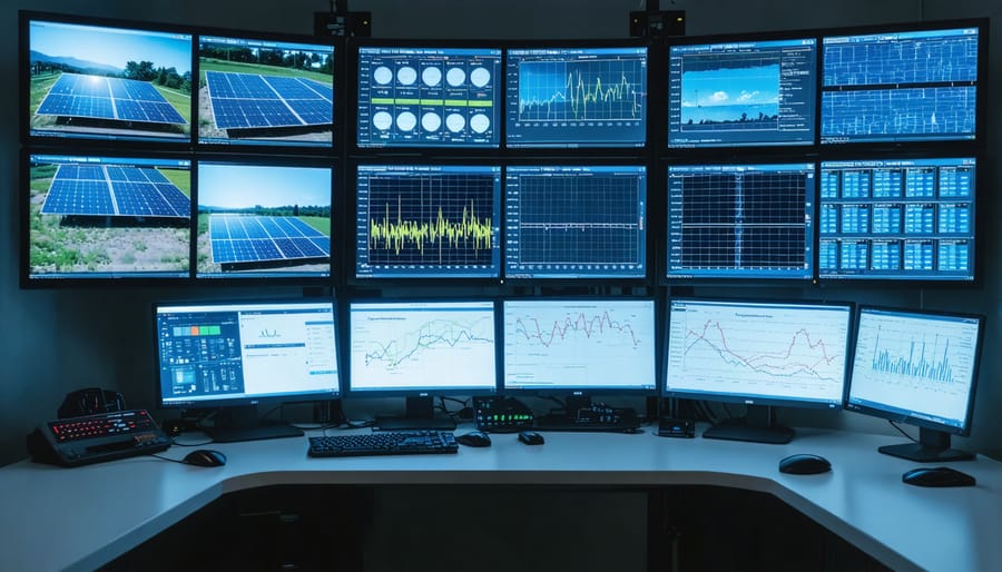 Digital interface displaying real-time solar power generation and grid stability metrics